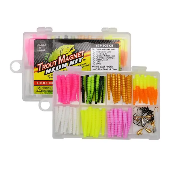 Leland's Lures Trout Magnet Neon Kit 12 Jig Heads, 70 Bodies